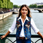 **

"A woman in a bohemian chic style, wearing a white shirt layered with an embroidered denim vest, paired with flare jeans, standing on the Seine riverbank in Paris, fully clothed, appropriate attire, safe for work, perfect anatomy, well-formed hands, natural pose, professional fashion photography, high quality, family-friendly."

**
