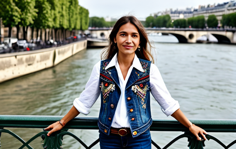 **

"A woman in a bohemian chic style, wearing a white shirt layered with an embroidered denim vest, paired with flare jeans, standing on the Seine riverbank in Paris, fully clothed, appropriate attire, safe for work, perfect anatomy, well-formed hands, natural pose, professional fashion photography, high quality, family-friendly."

**