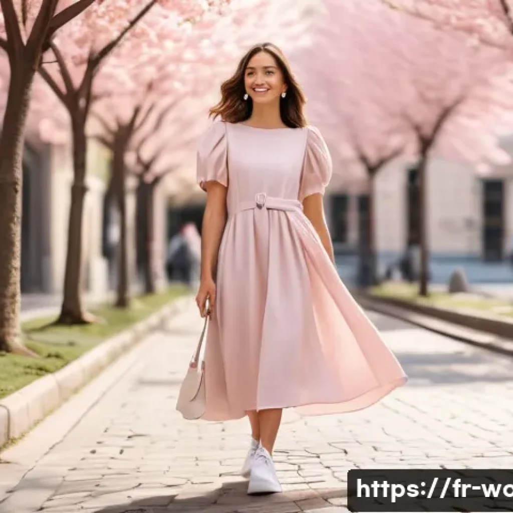 봄철 여성 패션 트렌드 - A chic springtime street scene featuring a young woman wearing a flowing pastel pink dress made of l...
