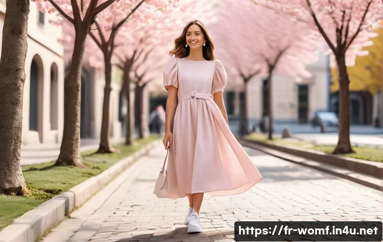 봄철 여성 패션 트렌드 - A chic springtime street scene featuring a young woman wearing a flowing pastel pink dress made of l...