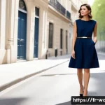 Home 22 여성 패션 필수 아이템 - A chic woman standing confidently in a Parisian street wearing a versatile trapeze dress in navy blu...