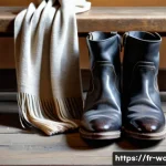 Home 21 여성 겨울 부츠 관리법 - A cozy French countryside scene featuring a pair of elegant smooth leather boots resting beside a ru...