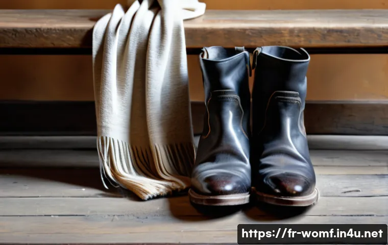 여성 겨울 부츠 관리법 - A cozy French countryside scene featuring a pair of elegant smooth leather boots resting beside a ru...