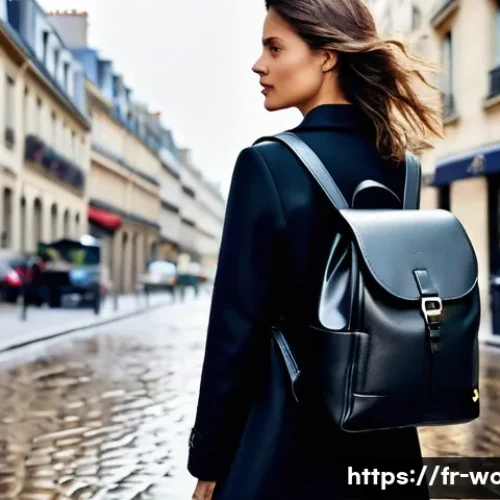 Home 32 여성용 백팩 추천 - A stylish French woman walking in a rainy Paris street wearing a sleek Urban Chic backpack made of g...