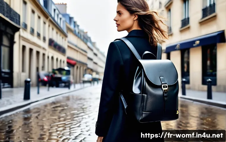 여성용 백팩 추천 - A stylish French woman walking in a rainy Paris street wearing a sleek Urban Chic backpack made of g...