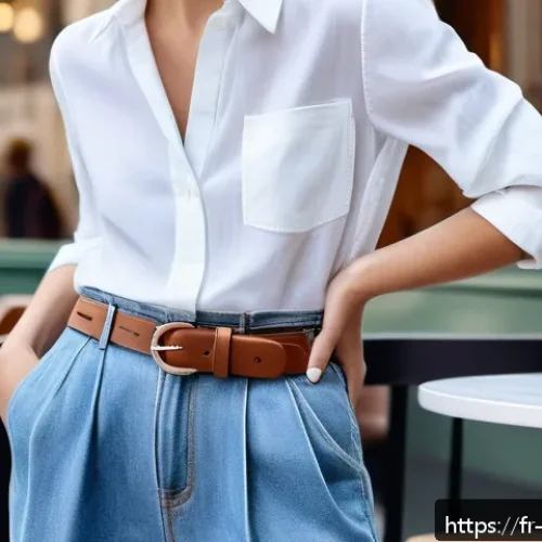 Home 30 여성 데님 트렌드 분석 - A sophisticated urban scene featuring a stylish French woman wearing oversized jeans with a tailored...