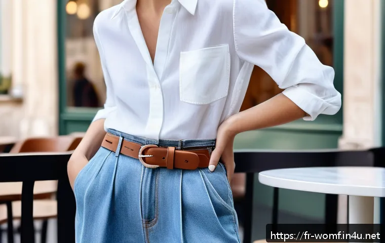여성 데님 트렌드 분석 - A sophisticated urban scene featuring a stylish French woman wearing oversized jeans with a tailored...