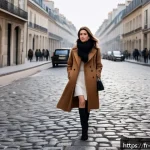 Home 23 스커트와 부츠 매칭 팁 - A stylish French woman walking through a Parisian winter street, wearing a flowing midi skirt just b...
