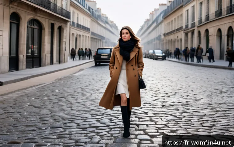 스커트와 부츠 매칭 팁 - A stylish French woman walking through a Parisian winter street, wearing a flowing midi skirt just b...