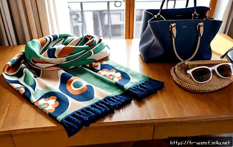 여성용 프린트 스카프 추천 - Photorealistic fashion flat lay of three elegant women’s printed scarves arranged on a light oak tab...