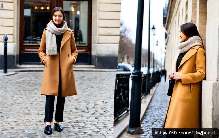 여성 겨울 플랫슈즈 스타일 - Photorealistic winter street-style fashion scene in Paris, elegant woman wearing a long camel wool c...